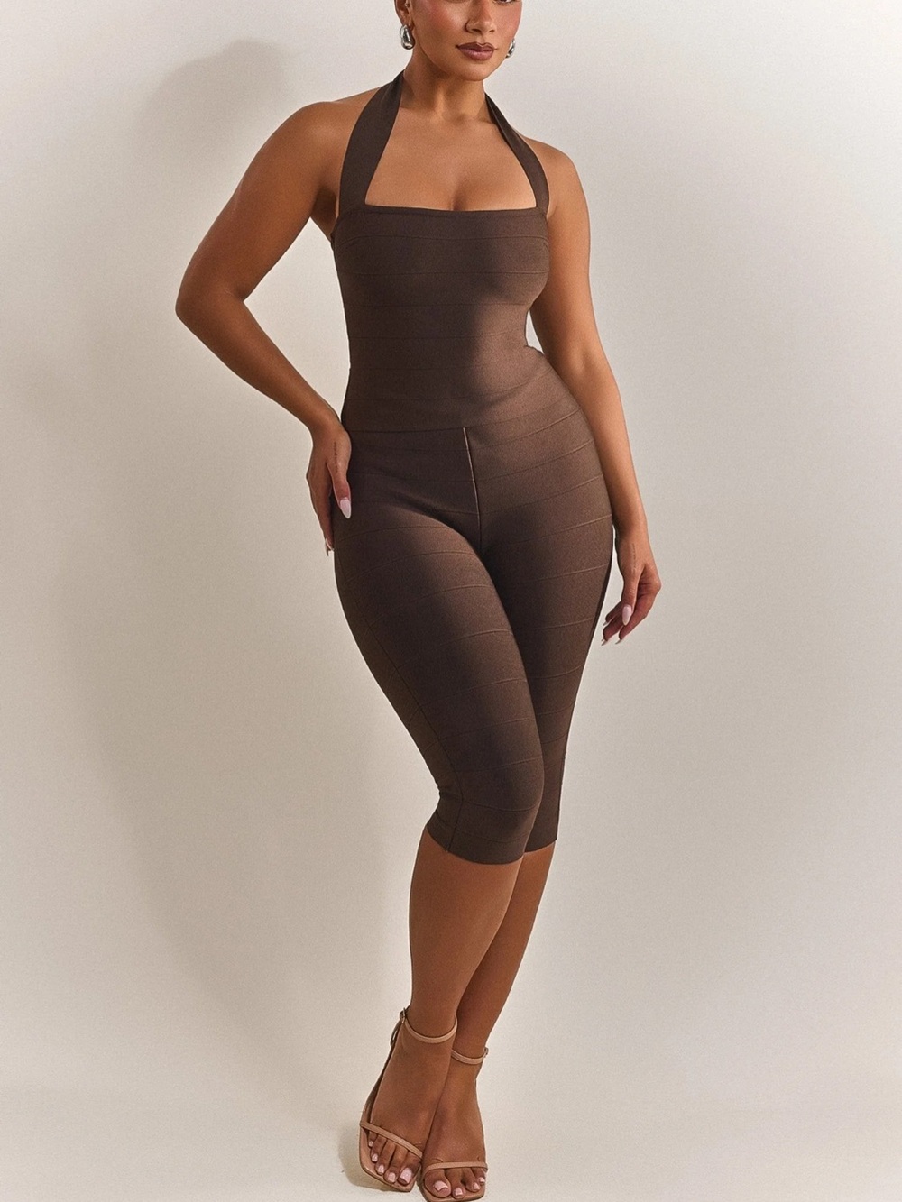 Seamless Halter Bandage Shapewear Jumpsuit in Brown